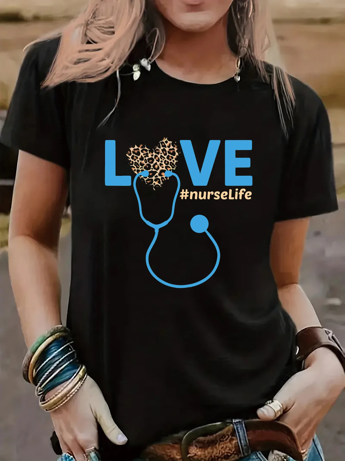 Creative design of LOVE and stethoscope Graphic TShirt Women Summer Original Short sleeve Fashion Tops Caring for Women's Health