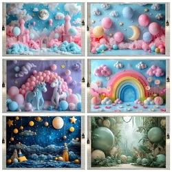 Fondo de fotografía de primer cumpleaños para niño y niña, decoración de fiesta, Baby Shower, globo AI, nubes, fondo fotográfico, sesiones de estudio