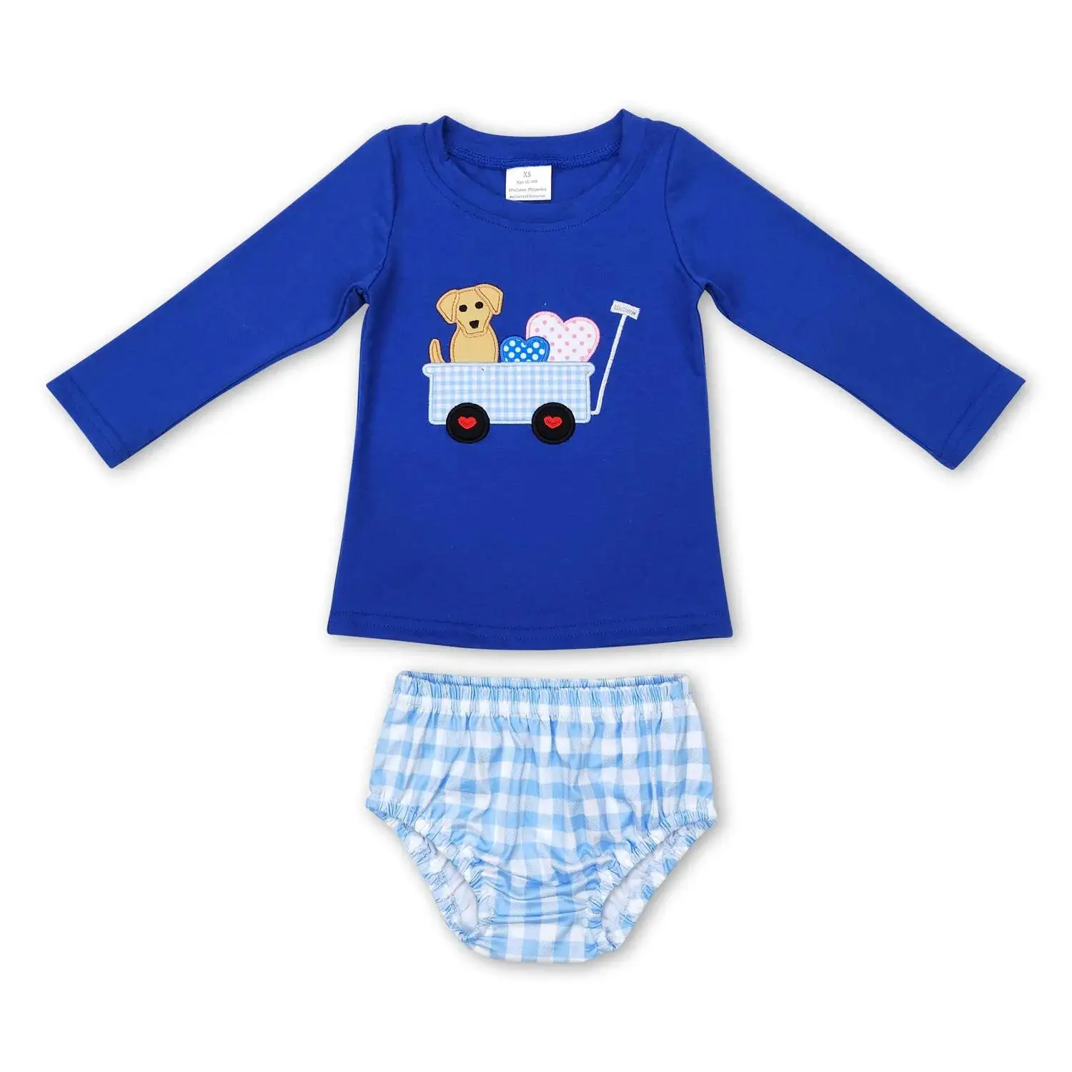 

Baby Boys Valentine's Day Dog Tractor Top And Plaid Bummies Set Heart Blue Top Cute Valentine Outfit for Boys
