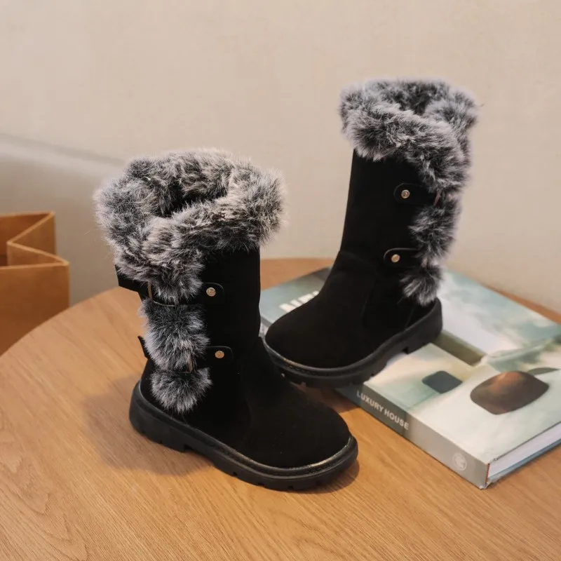 

Зимние детские плюшевые сапоги принцессы, теплые пушистые повседневные подиумные ботинки для девочек, черные универсальные модные детские зимние сапоги до середины икры
