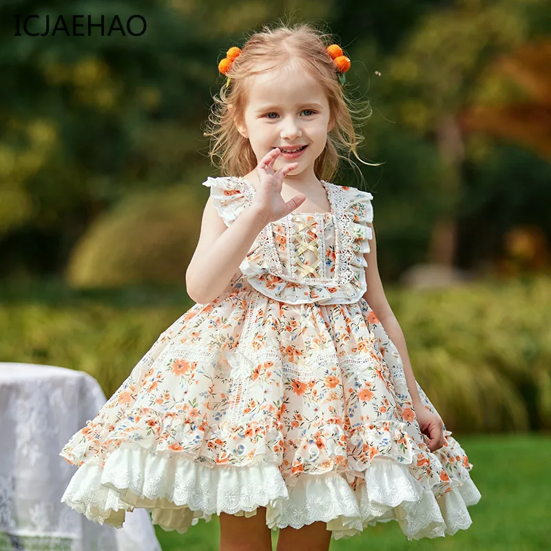 ICJAEHAO 2024 Flowers Printing Girl Dress Sleeveless Lace Lolita Children Dresses Newborn Communion Gala Costumes Princess dress