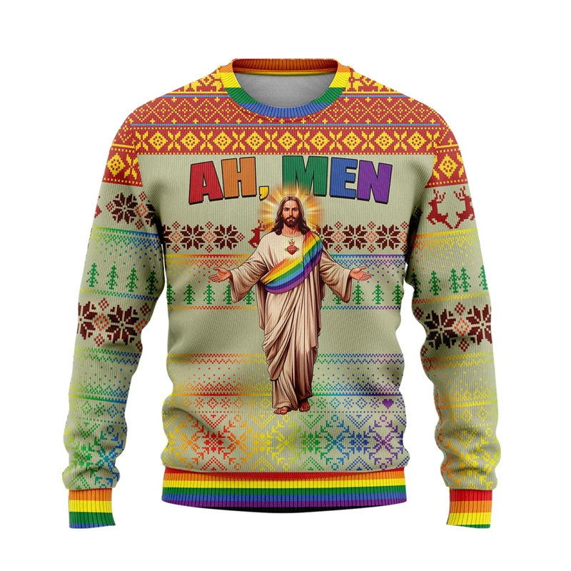 3D Print Jesus Christian Ugly Christmas Sweatshirt For Men Women Casual Crewneck Long Sleeve Pullover Sweatshirts Mens Hoodie