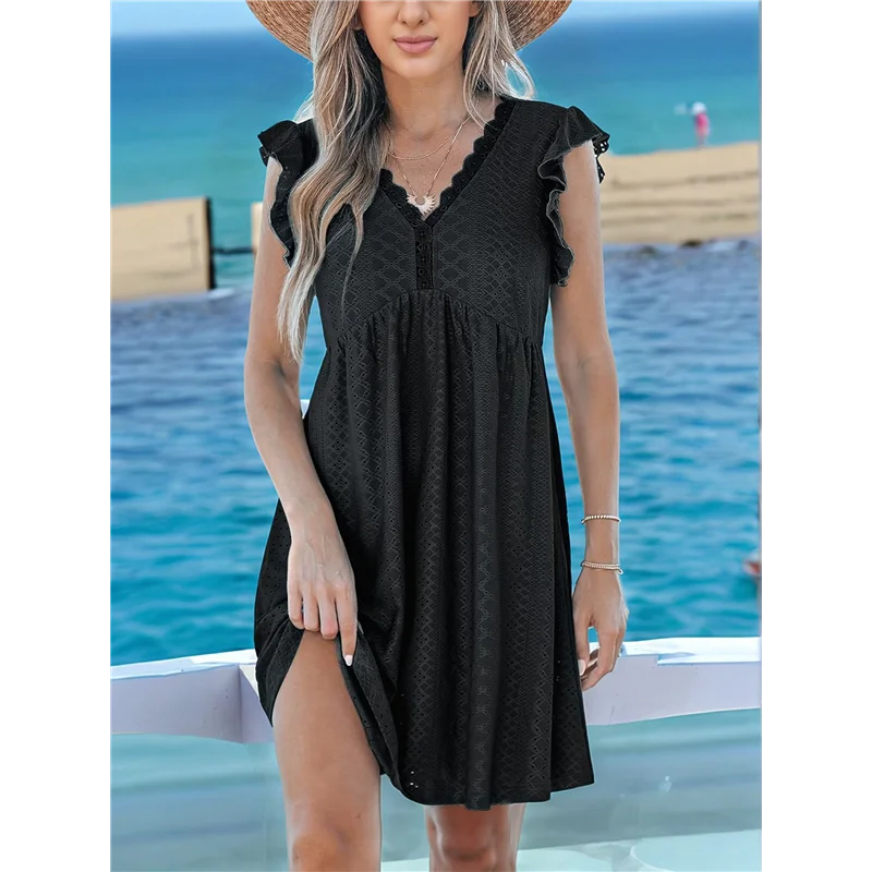 Abrt-vestido feminino de verão, manga plissada, decote em v, midi, moda casual, ajuste fluido, em camadas, boho, praia, férias, vestido de verão
