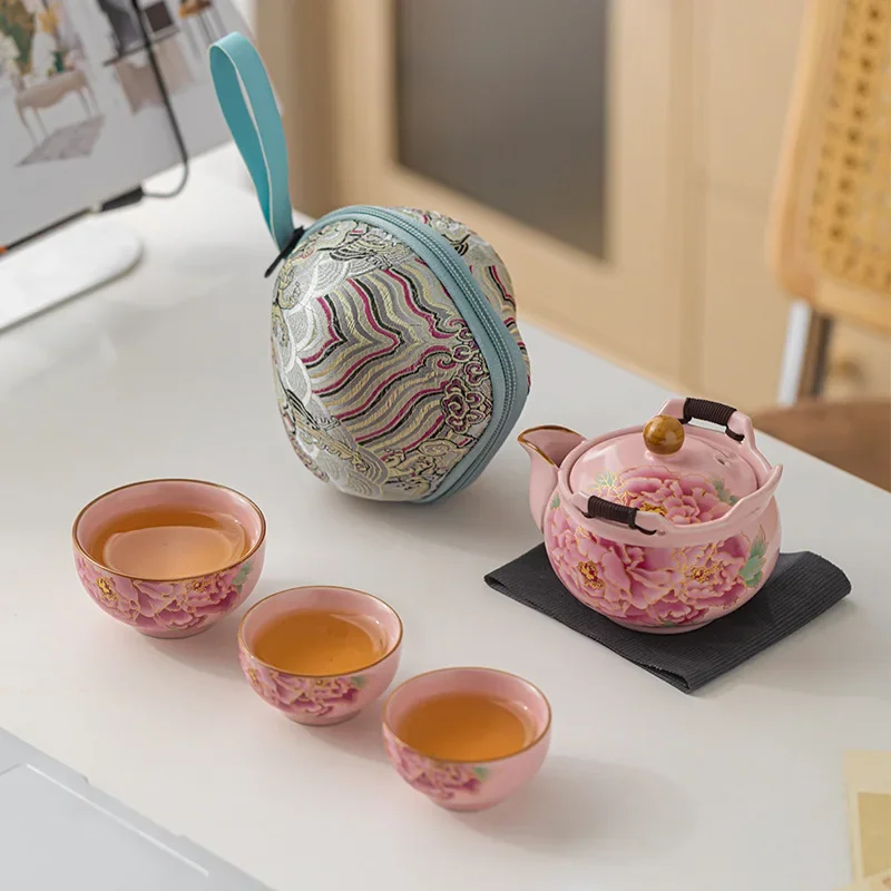 Pink Ru Kiln Travel Tea Set Portable Ceramic Ru Porcelain Quick Cup Outdoor Camping Kung Fu Tea Cup Teapot Colorful Luxury Set