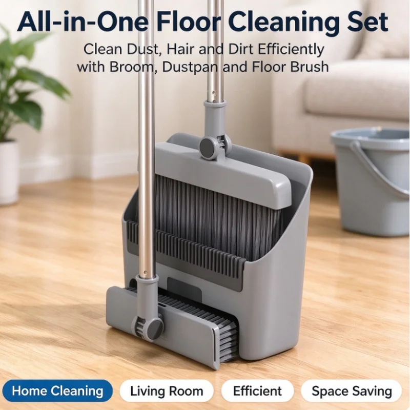 Stocking Stuffers Christmas Gift 3‑in‑1 Broom and Dustpan Set Soft Bristles Hair‑Free Long Handle Compact Storage for Home