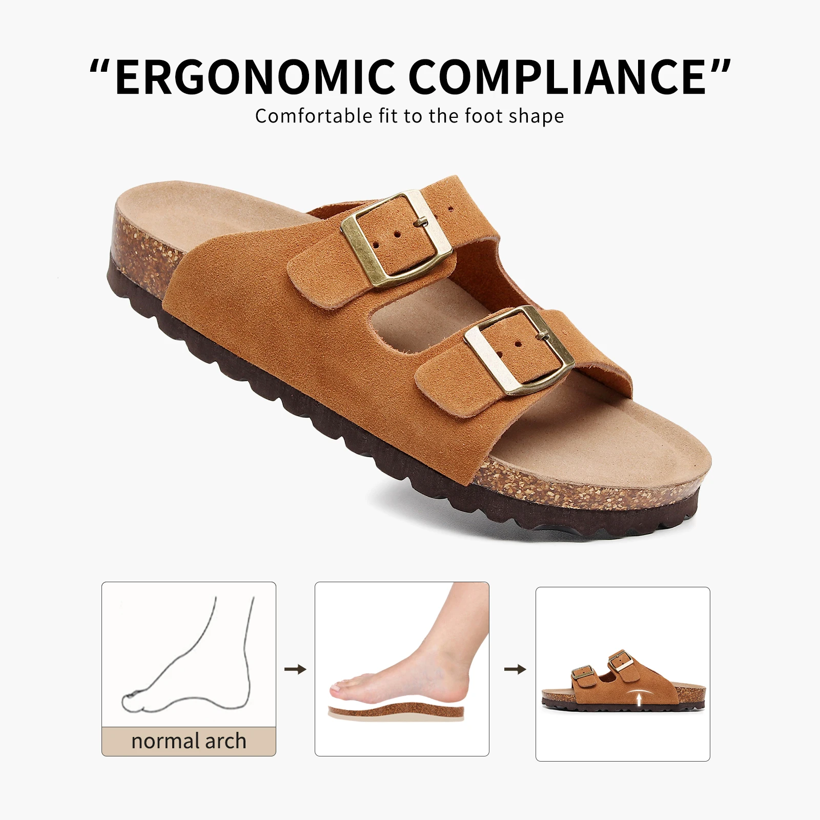 Birken Genuine Leather Women's Flat Slide Sandals - 2 Strap Design, Arch Support, Non-Slip, Cork Footbed, Slip-On Style