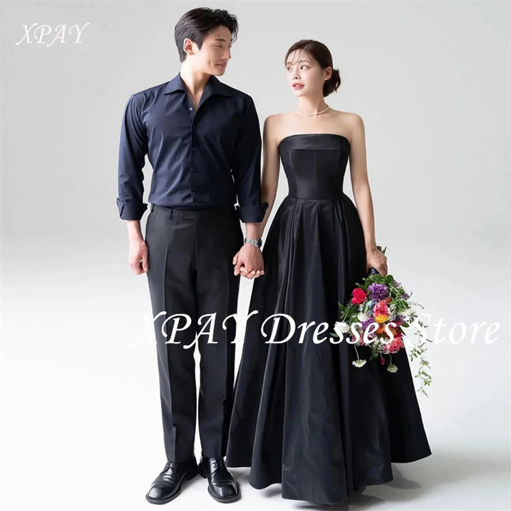

XPAY Simple Black Evening Dresses Korea photo shoot Strapless Taffeta Corset back Customized Wedding Party Gowns Formal 2025