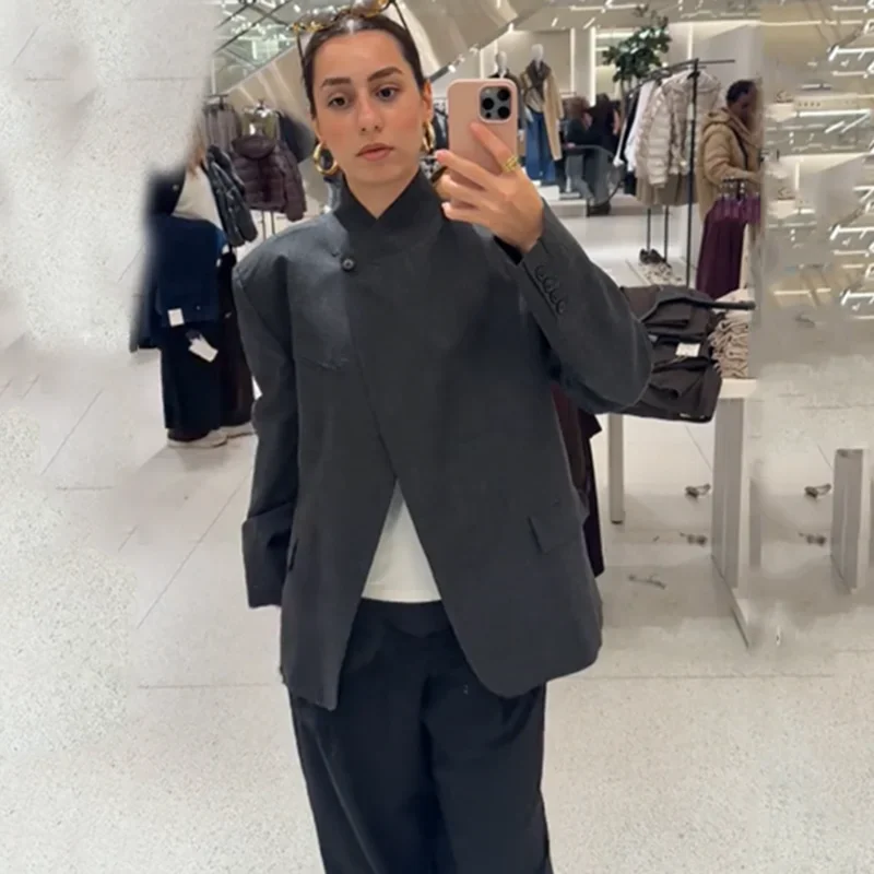 

Elegant Loose Button Jacket Women Gray Asymmetry Lapel Full Sleeve Split Jackets Female Blazer Fashion Chic Outwear Lady