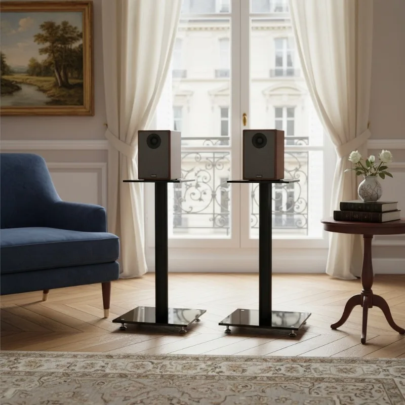 Lot de 2 supports pour enceintes noirs avec verre trempé, design 1 colonne pour enceintes surround et enceintes d'étagère, système audio home cinéma, optimisation de l'audio, gestion des câbles, style minimaliste pour salle multimédia
