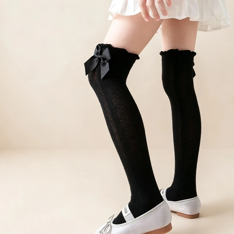 Lovely Kids Summer Over The Knee Socks Delicate Mesh Anti Mosquito Heart Jacquard Bow Detail Comfort Soft Elastic Long Stockings