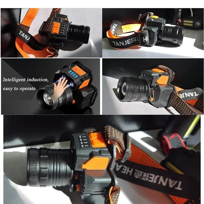 Светодиодный индукционный налобный фонарь высокой мощности 50 Вт с вращающимся зумом и встроенной батареей, USB перезаряжаемый налобный фонарик для кемпинга, рыбалки
