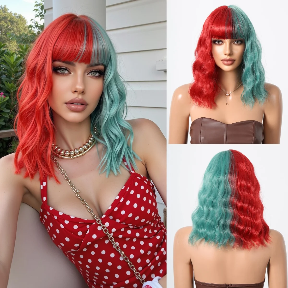 

Helloween Half red and half green Synthetic Wig Short Wavy Wig with Bangs Natural Wig for Women Daily Cosplay Use Heat Resistant
