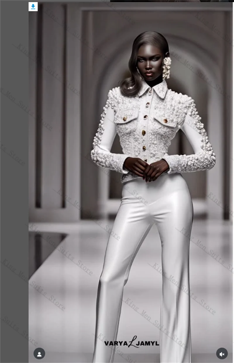 

White Pearls Women Suits Set 2 Piece Blazer+Pants Trousers Luxury Customized Office Lady Jacket Wedding Tuxedos Party Coat