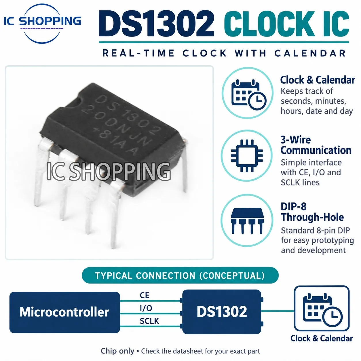 10Pcs~20PCS Ds1302n Dip8 Ds1302 Dip-8 Clock IC Trickle Time Maintenance Chip New