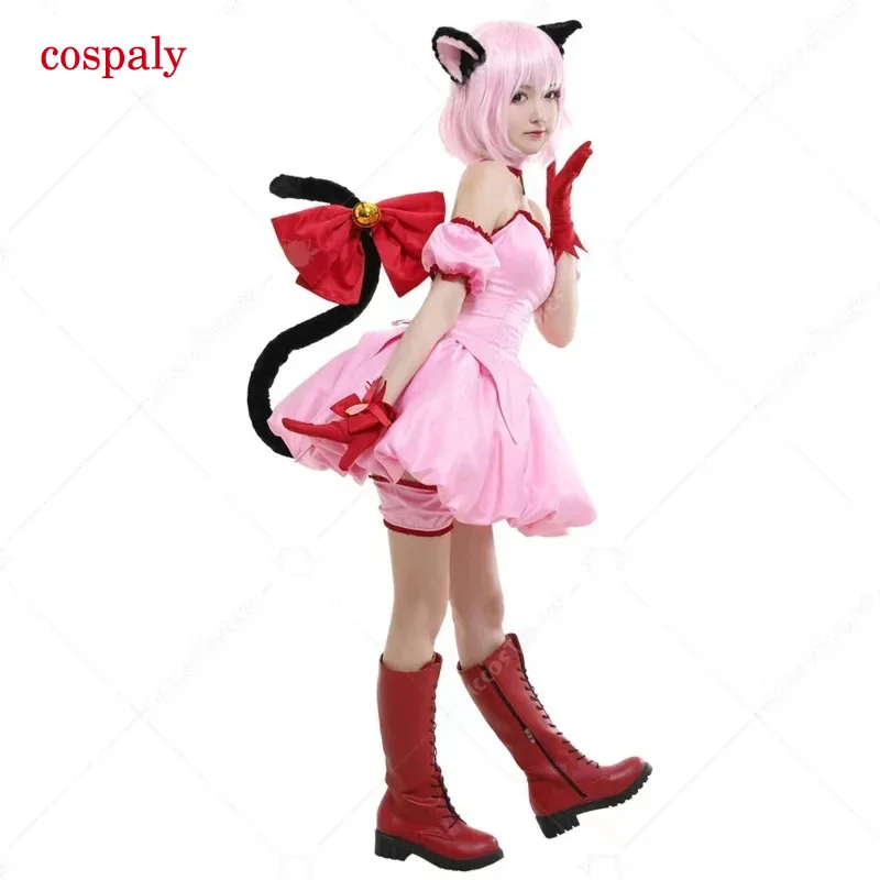 Anime Tokyo Mew Mew Ichigo Momomiya Mew Ichigo Transformed Short Pink Dress Cosplay Costume With Cat Ears And Tail