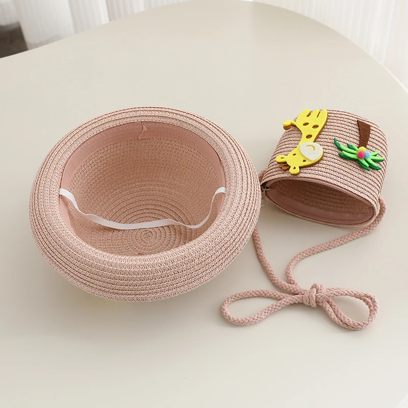 Cute Kids Straw Hat and Bag Set Giraffe Embroidery Summer Sun Hat Breathable Beach Cap with Crossbody Bag for Toddler Boys Girls