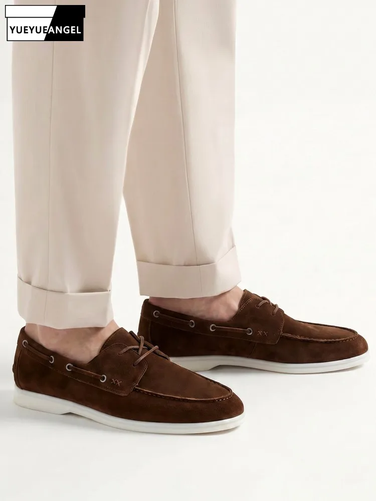 Concise Retro Sheep Suede Round Toe Male Loafer Footwear Versatile Solid Color Cross Tied Genuine Leather Fashion Casual Shoes