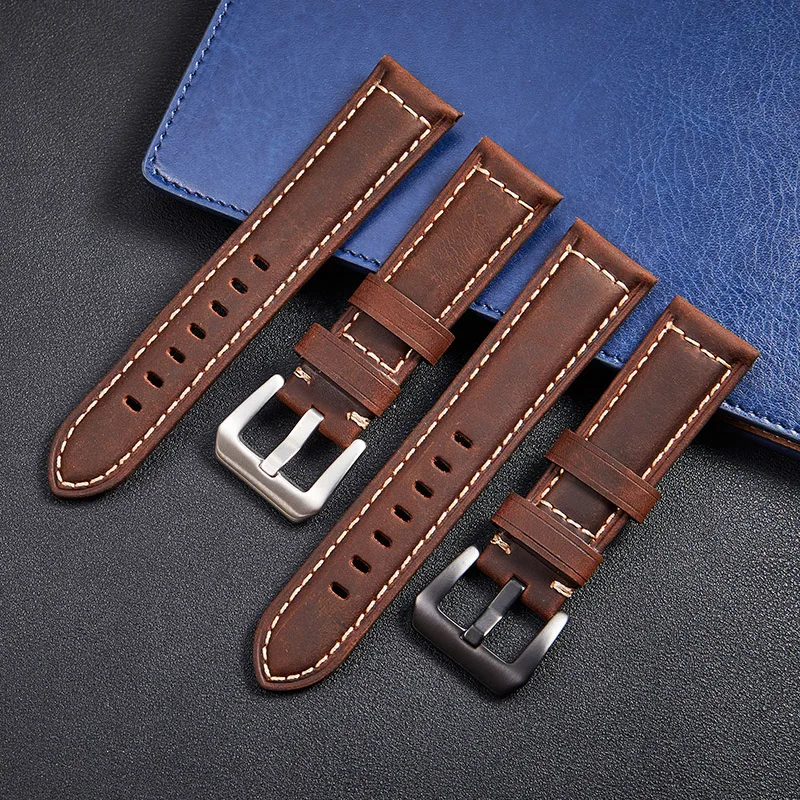 Genuine Leather Watch Straps Crazy Horse Cowhide Watchbands 20mm 22mm 24mm 26mm Stainless Steel Clasp Wristwatch Band