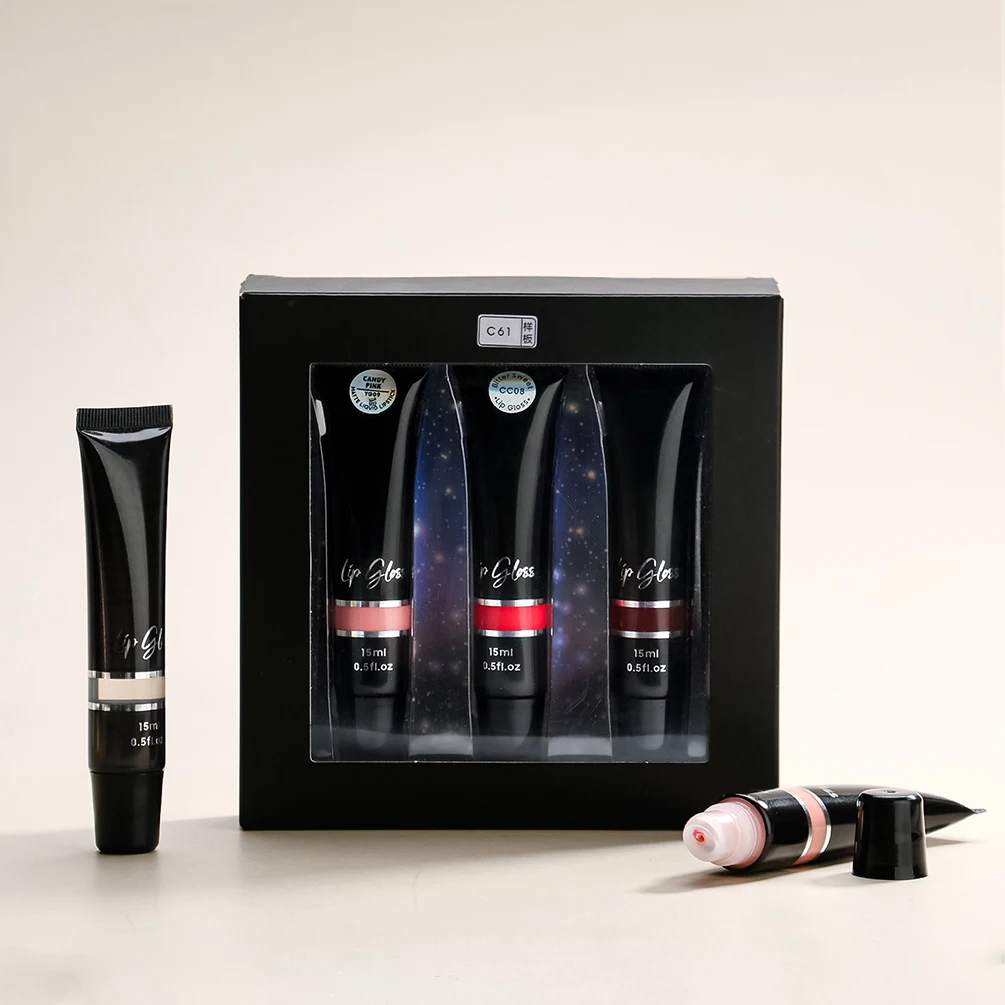 Private Label Liquid Lipstick Kit Custom Logo 3-Piece Matte Glossy Lip Gloss Set Moist Makeup Black Hose Tube Wholesale Vegan