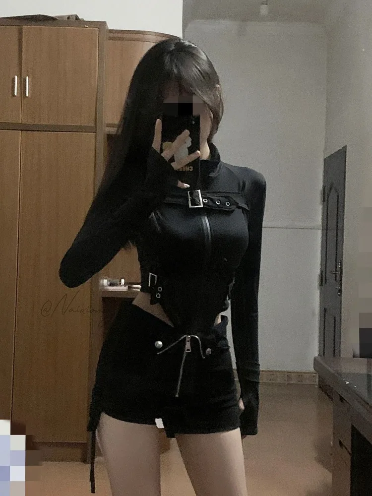 2024 Spring New Slim Fit Black Long Sleeve Zipper Tops Women+ Fashion High Waist Drawstring Shorts Y2k E-Girl Two Piece Sets