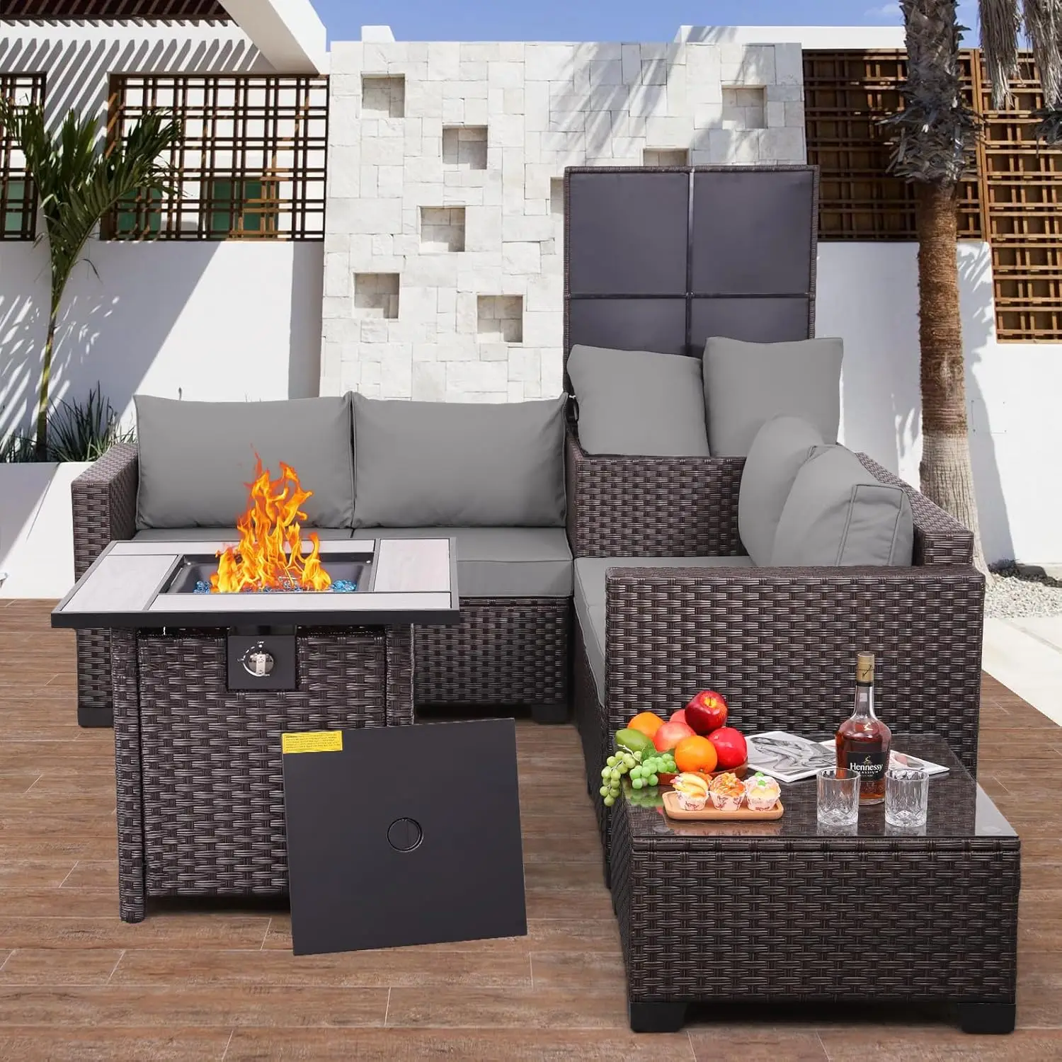 5 Pieces Patio Furniture Set PE Wicker Outdoor Brown Rattan Sectional Sofa Storage Bin Coffee Table and Propane Fire Pit