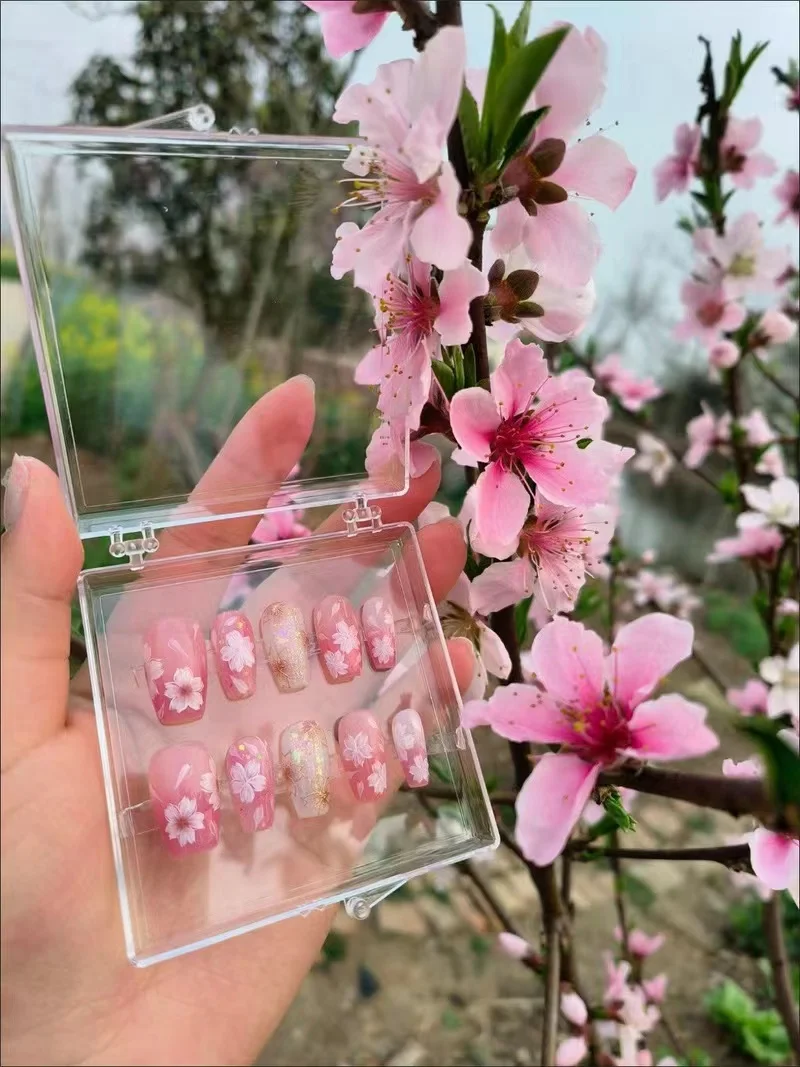 Pink Sakura Spring Press On Nails|Flower Petal Nails|Hand-Painted Art Design Reusable Nails|Charm Fake Nails|Premium Almond Nail