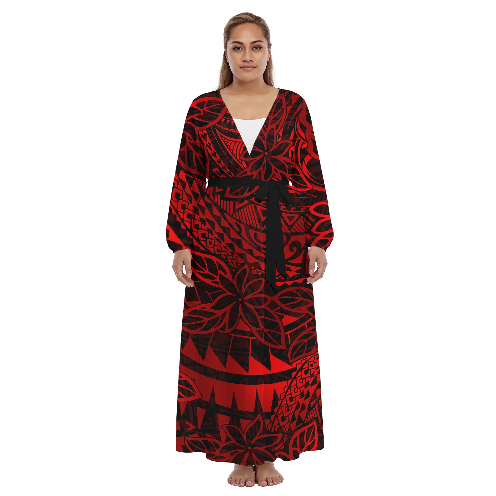 

Luxury Design Custom Elegant Clothes Samoan Women Cardigan Hawaiian Oversize Fashion Beach Cover Up Polynesian Ladies Laceup Dre