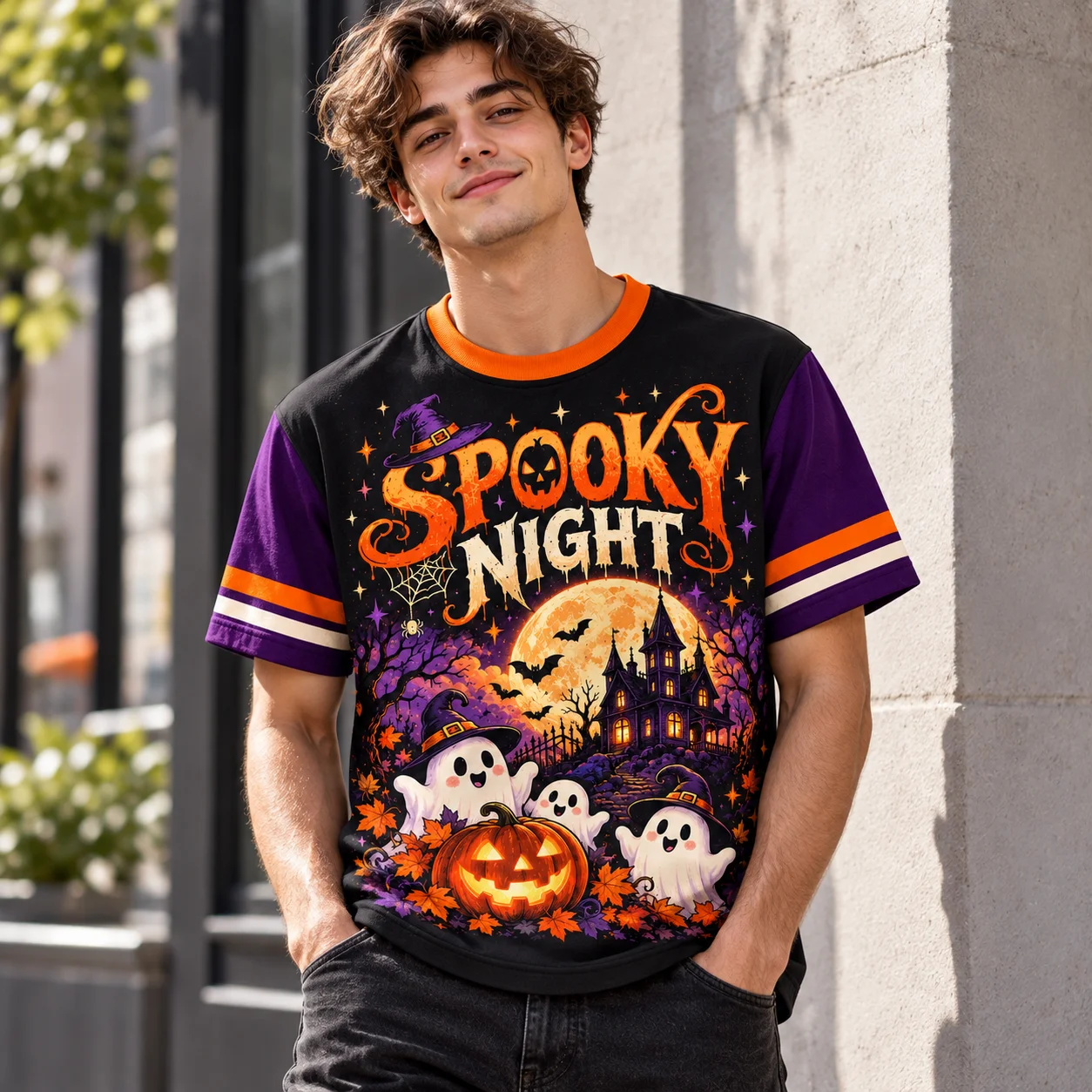 Halloween Themed Midnight Haunt T-Shirt, Spooky House and Jack-o'-lantern Print, Unisex Festival Trendy Streetwear Top