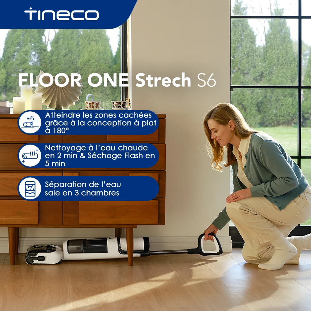 Tineco Floor One Stretch S6 Aspirateur Eau et Poussière Laveur de Sols Conception Plate à 180°