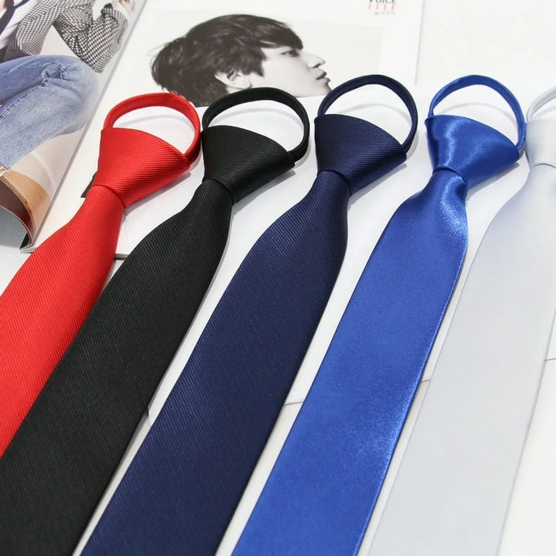 5cm Pre-tied Neck Tie Mens Skinny Zipper Ties Red Black Blue Solid Color Slim Narrow Bridegroom Party Dress Necktie Student Girl