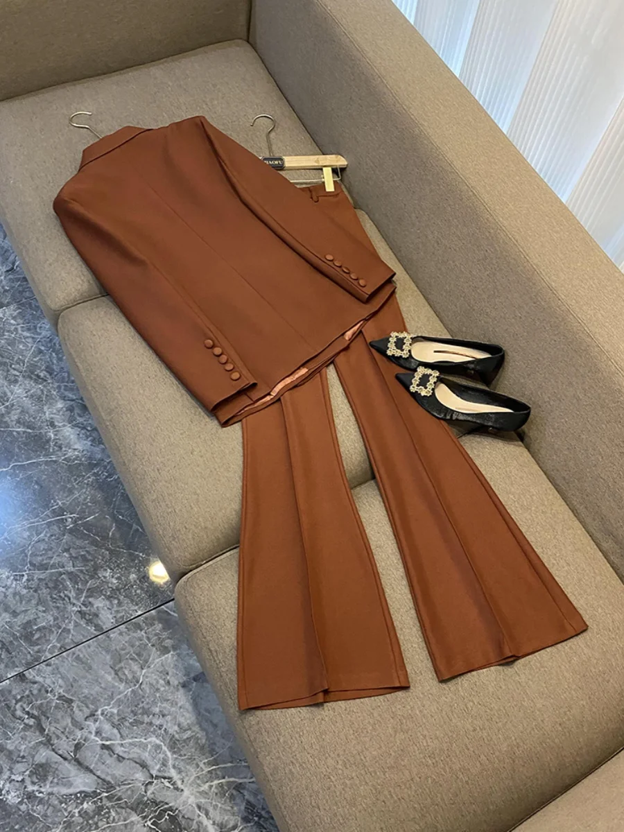 High Quality Spring Designed Office Lady Suit Single-breasted Long Sleeve Blazer Flared Pants Women Solid 2Pcs