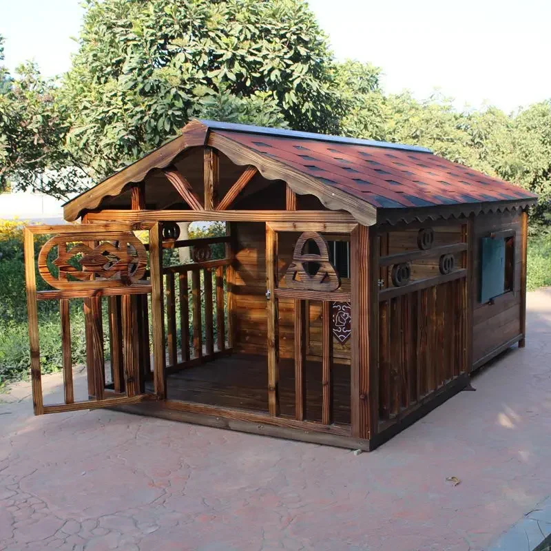 บ้านสุนัขกลางแจ้งจากโรงงาน ผลิตจากไม้ ทนทานต่อการกัด ป้องกันฝน สามารถปรับแต่งได้ บ้านสัตว์เลี้ยง