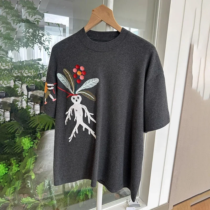 

embroidery three-dimensional cartoon pattern short sleeved T-shirt for women loose, chic, brushed, round neck top inside