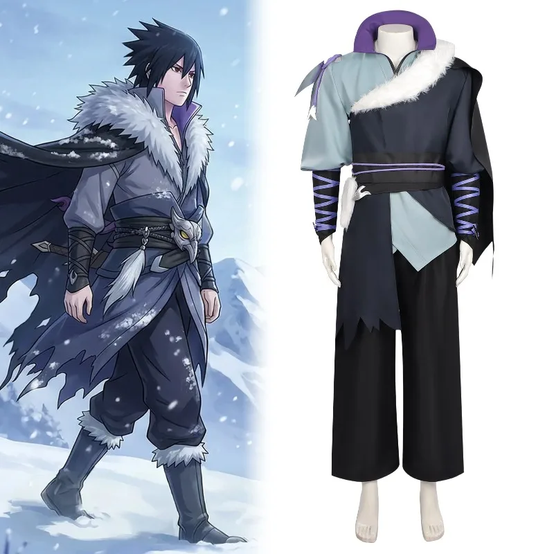 Mens Dark Ninja Cosplay Costume With Gray Fur Trim Top Cropped Black Pants Belt And Arm Wraps For Halloween Stage Performances