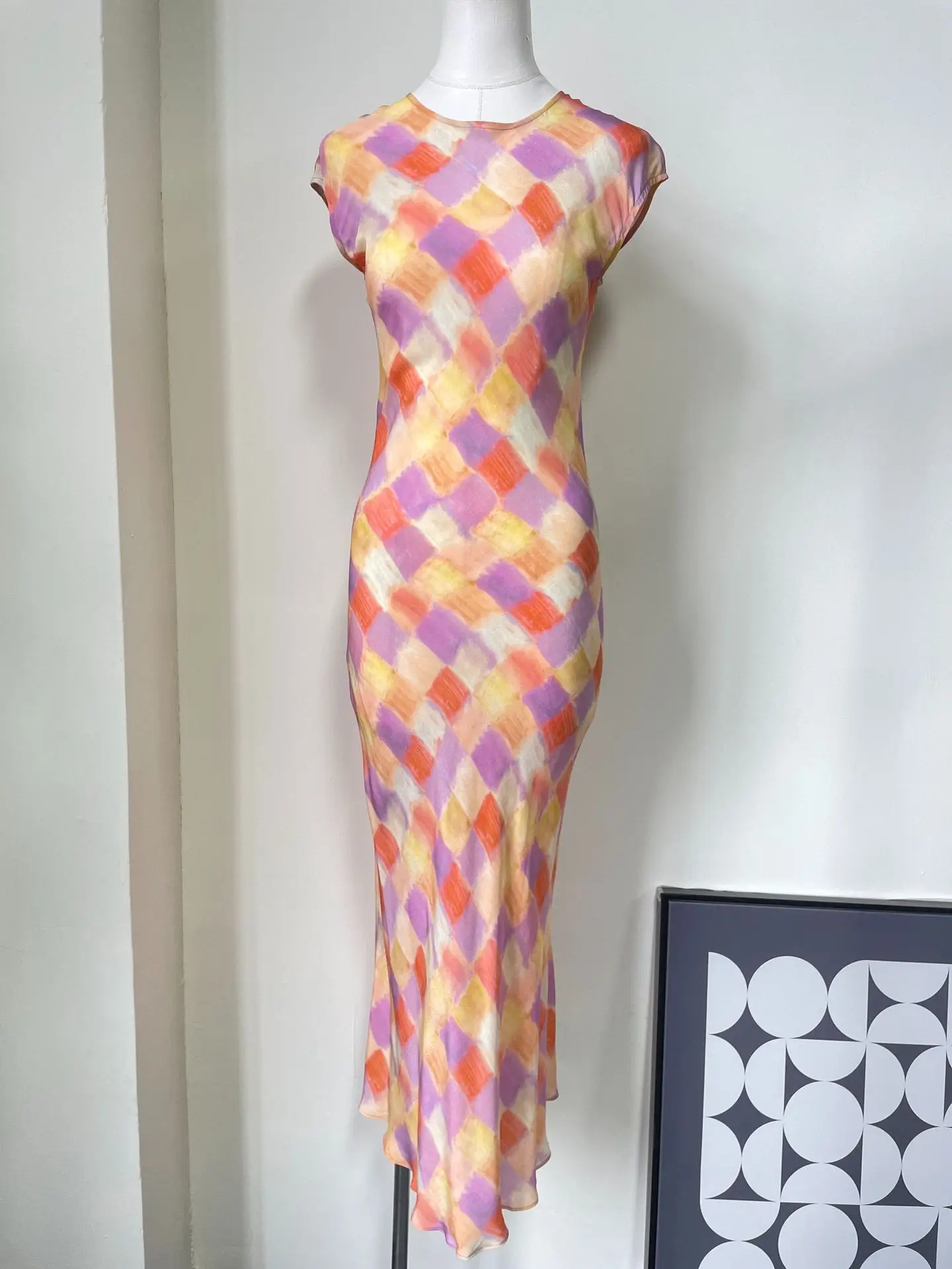 Women's Colorful Plaid Print Long Dress Round Neck Short Sleeve High Waist Fashion Slim Robe
