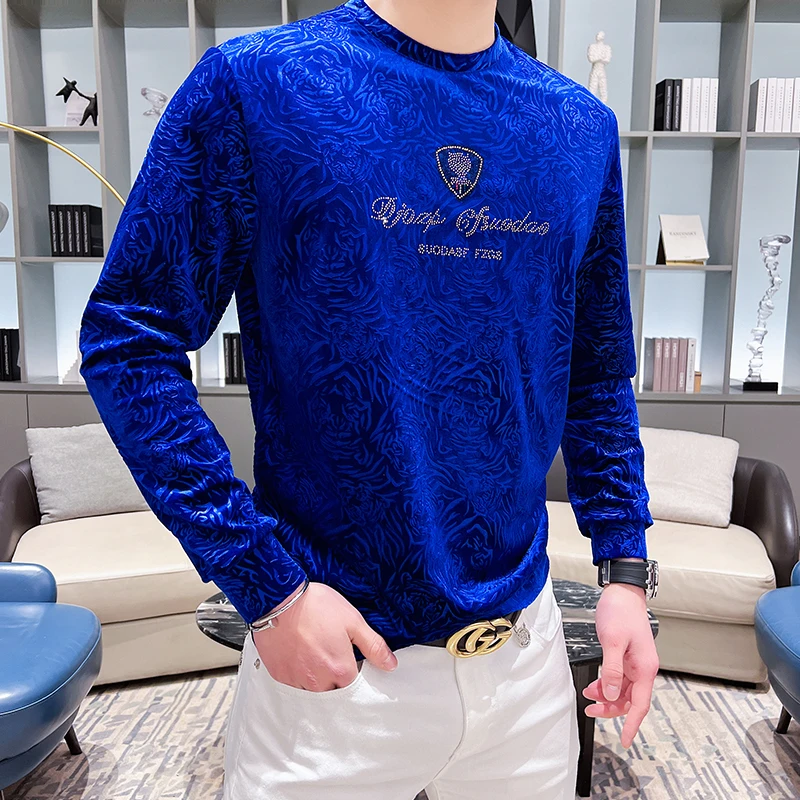 

Royal Blue Velour Mens Jumper Luxury Blackish Green Pullover Mens Gentleman Velvet T Shirts For Mens Winter Clothes Fashionable