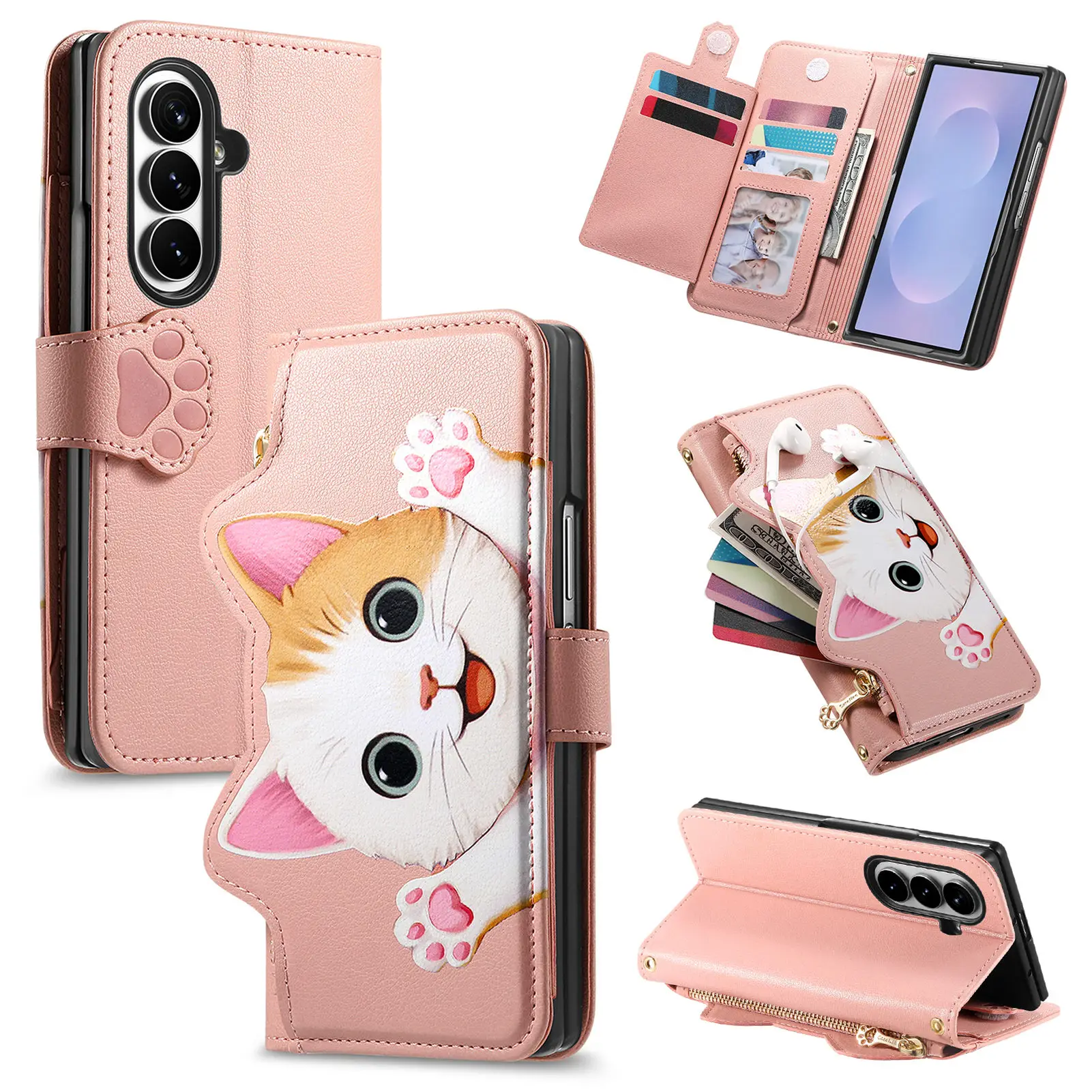 Cute Cat Embossed Zipper Flip Cards Solt Wallet Leather Case for Samsung Z Fold 8 Ultra Shockproof Comfortable Grip Stand Cover