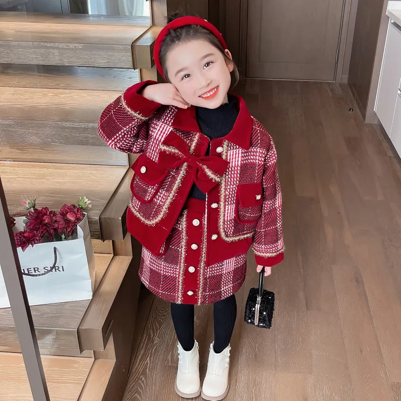 Girls Fashion Thicken Plaid Knit Sets Red Jacket and Skirt 2 Piece Set Winter Autumn Birthday Party Costumes for Kids