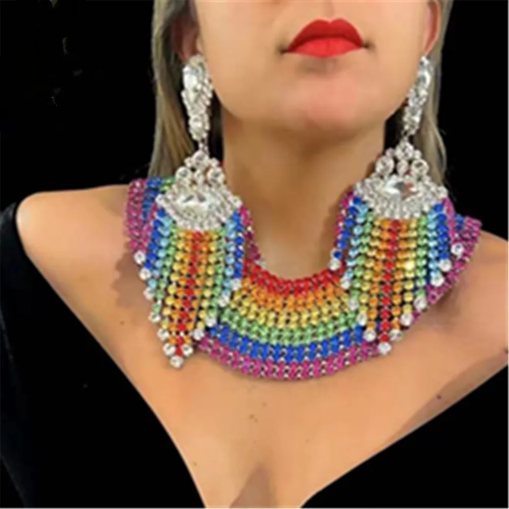 Hyperbolic Rhinestone Multiple Rows Rainbow Wide Bib Choker Necklace Wedding Jewelry for Women Shiny Crystal Big Collar Necklace