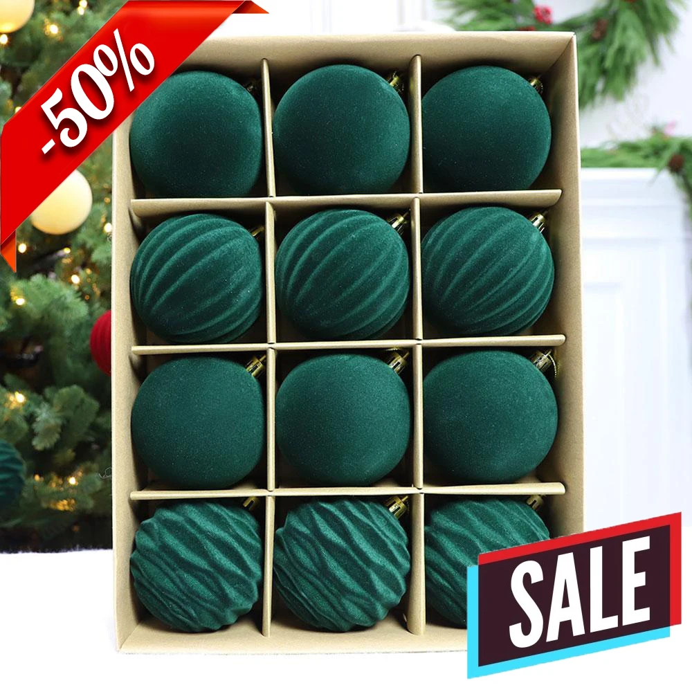 12pcs 3.36inch Velvet Flocked Christmas Ornaments Set Assortment for Xmas Tree Holiday Decor Soft Christmas Balls Decorations