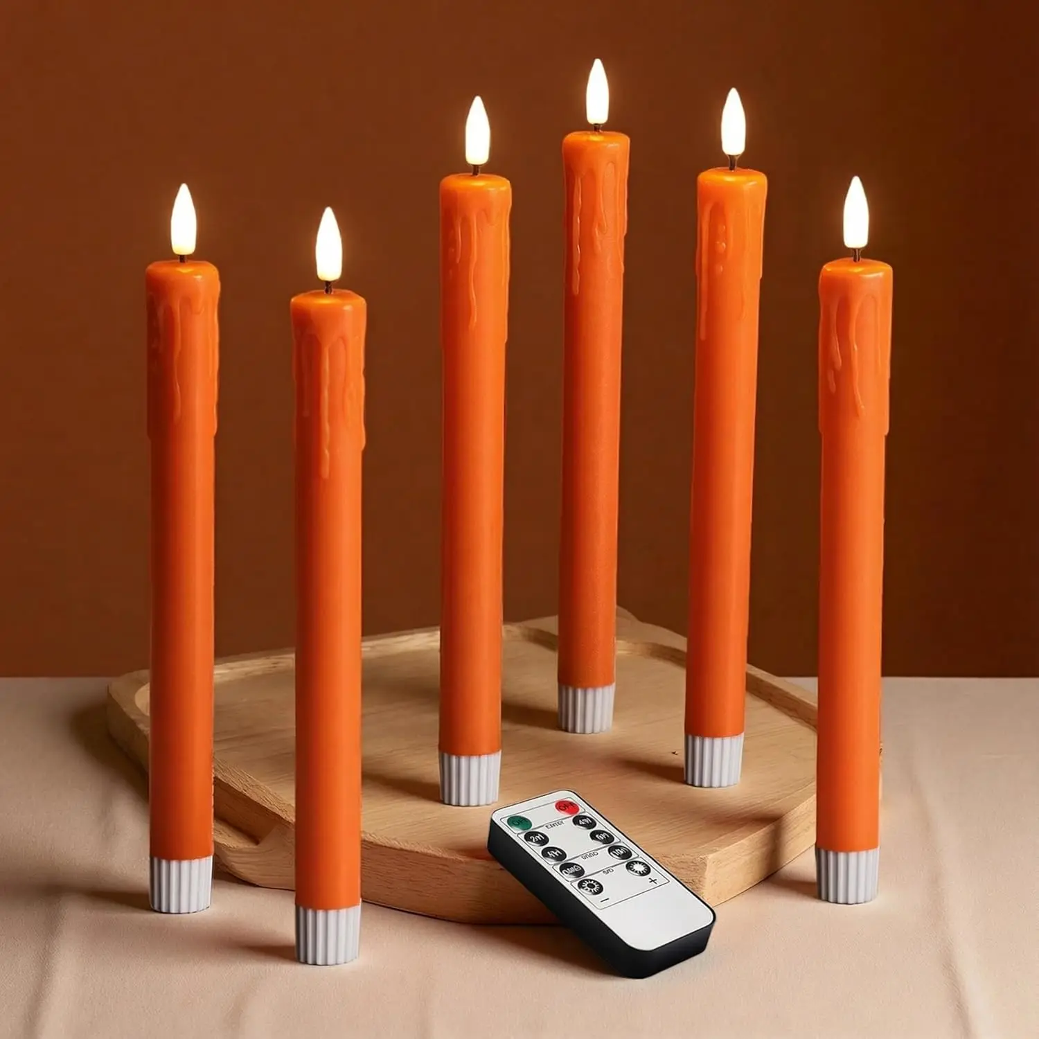 

Оранжевые беспламенные конические свечи с пультом ДУ, светодиодные подсвечники с эффектом капель воска, на батарейках, набор из 6 шт.