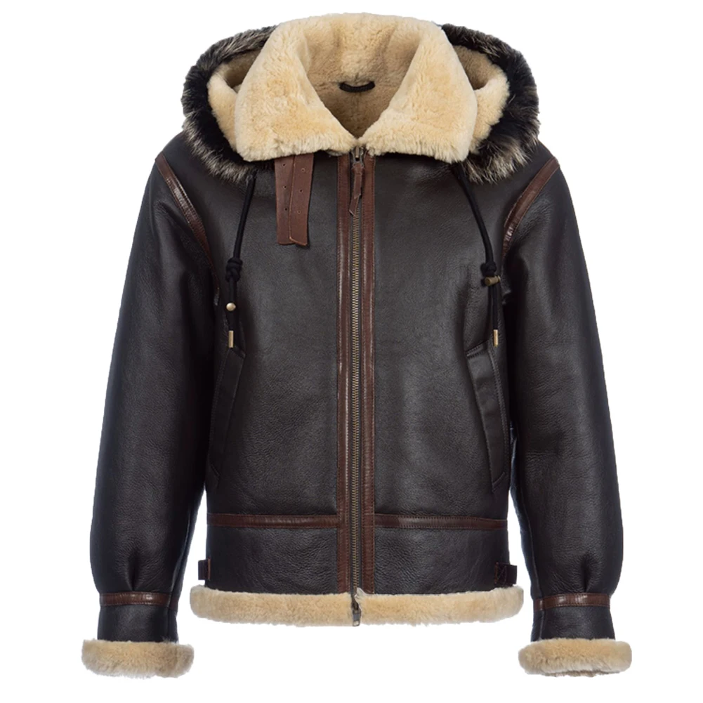 

Denny&Dora Mens Shearling Jacket Hooded Sheepskin Coat Thick Warm Winter B3 Pilot Jacket