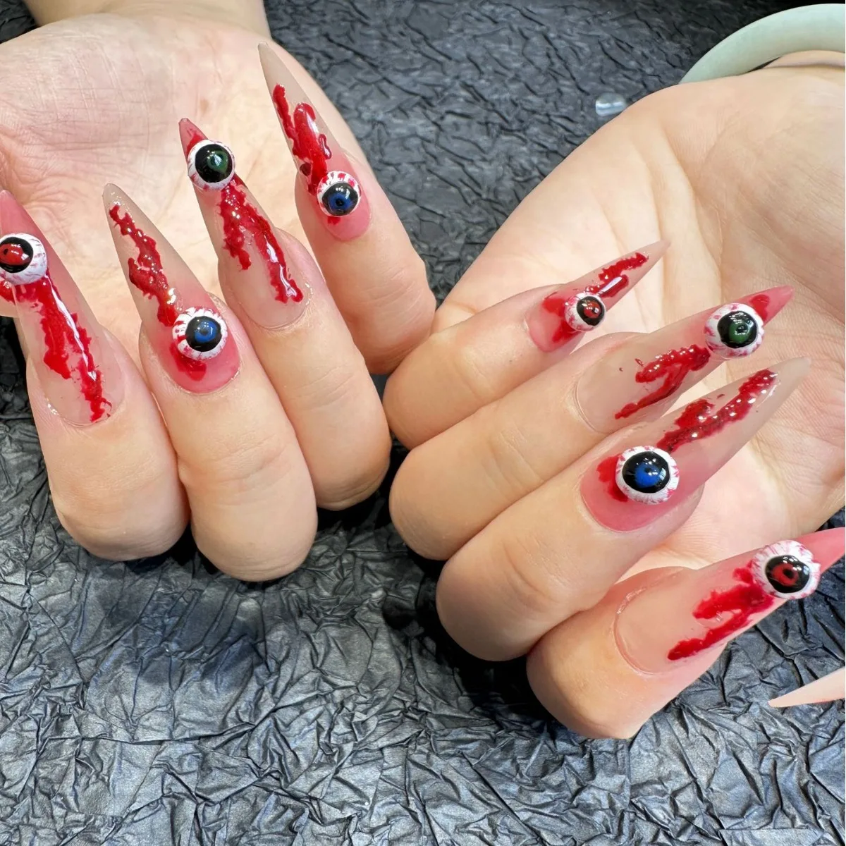 

10pcs Halloween Press On Nails Red 3D Eyes Decor Handmade False Nails Full Cover Long Stiletto Wearable Manicure For Women