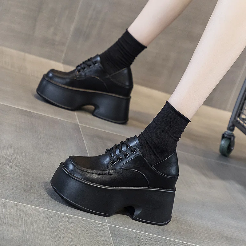 CICIYANG Girl Shoes British Style Loafers Genuine Leather 2024 New Spring Shoes Black White Lace-up Thick-soled High Heels Women