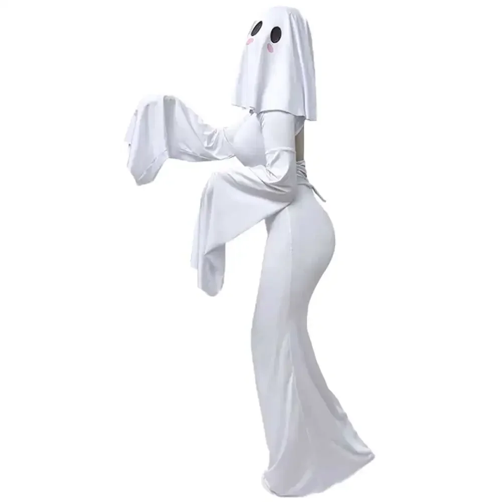 Anime Geister-Frauen-Cosplay-Kostüm Niedliches Geisterbraut-Kleid in Weiß Sexy Kleid mit Maske Halloween Karneval Party Eng Anliegendes Schwanzkleid – Detail 4