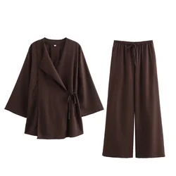 PB&ZA2024 Summer New Fashion Casual Women's Solid Color Kimono Cross Coat High Waist Flowing Wide Leg Pants Set