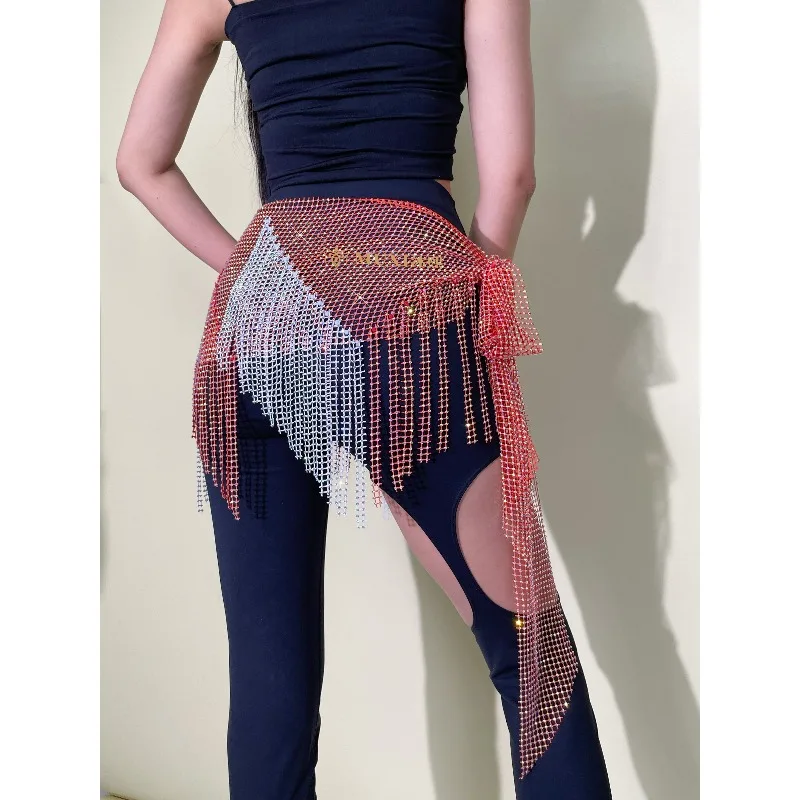 op maat gemaakte kleur geblokkeerde buikdans taille ketting mesh diamant heupsjaal Indiase kleding vrouwen buikdans riem