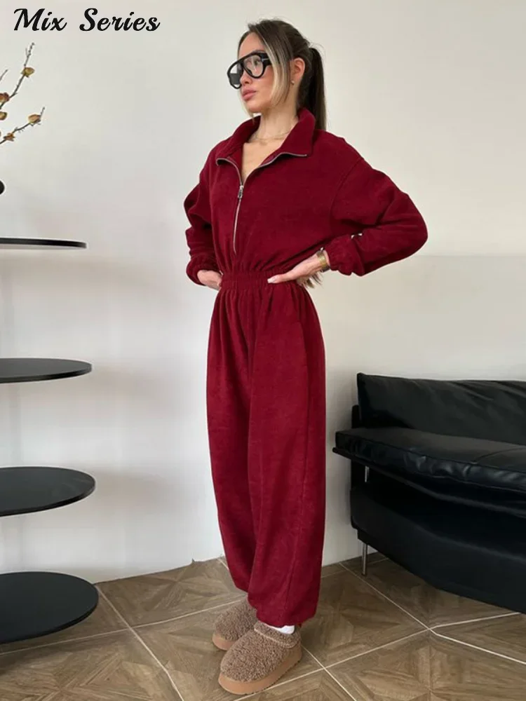 Lapel Zipper Contrast Jumpsuits Women Loose Full Sleeve Pockets High Waist Tracksuits 2025 Spring New Ladies Casual Playsuits