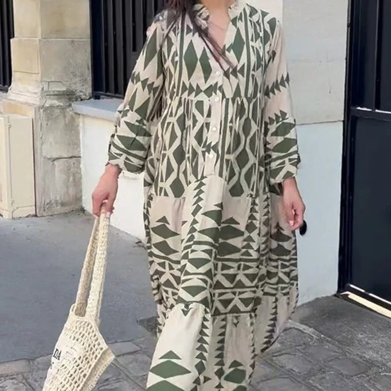 NUOVO 2026 Elegante Estate Maxi Vestito Delle Donne Casual Boho Streetwear Vintage Geometrica V Abiti Da Spiaggia NeckLong Allentato Abiti Femminili