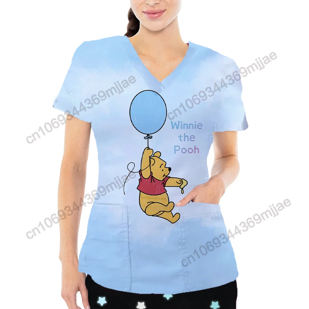 Nurse Uniform Yk2 V-neck Woman T- Shirts Y2k Tops Disney Women's Clothing Summer 2023 Novelties Pocket T-shirt Female Tshirt